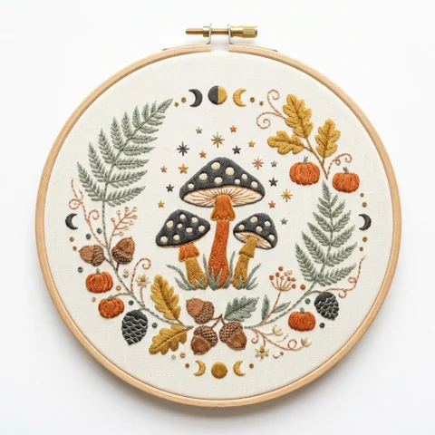 Three Woodland Mushrooms with Moon Phases and Autumn Forest Wreath hand embroidery design