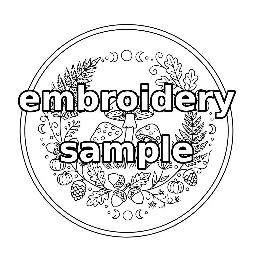 Watermarked Three Woodland Mushrooms with Moon Phases and Autumn Forest Wreath embroidery outline