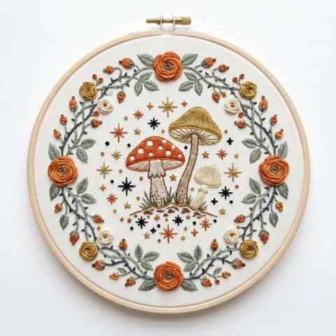 Three Woodland Mushrooms with Rose Wreath Stars and Autumn Berries hand embroidery design