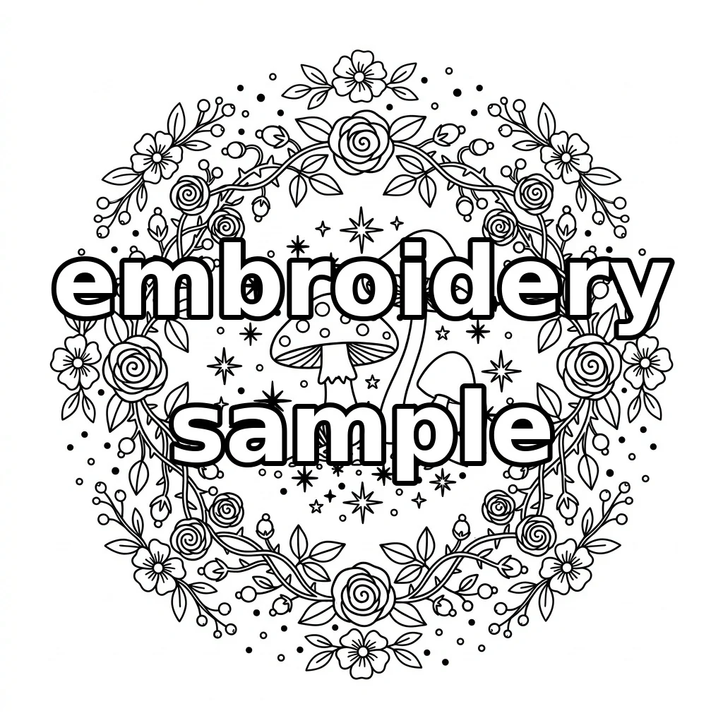 Watermarked Three Woodland Mushrooms with Rose Wreath Stars and Autumn Berries embroidery outline