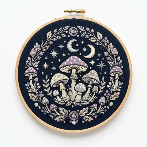 Woodland Mushrooms and Twin Moons hand embroidery design