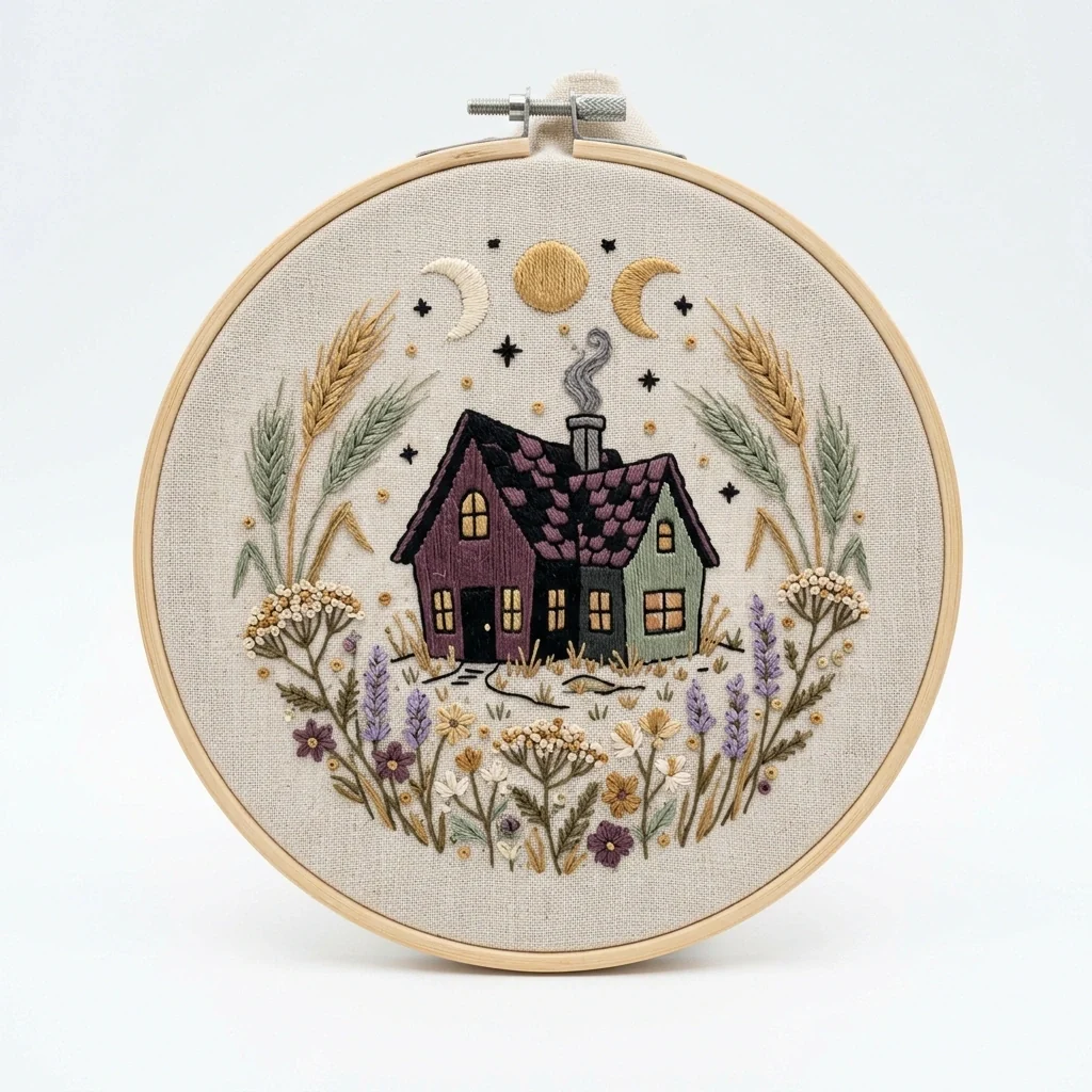 Twilight Cottage Wheat Wildflower Meadow colored hand embroidery design
