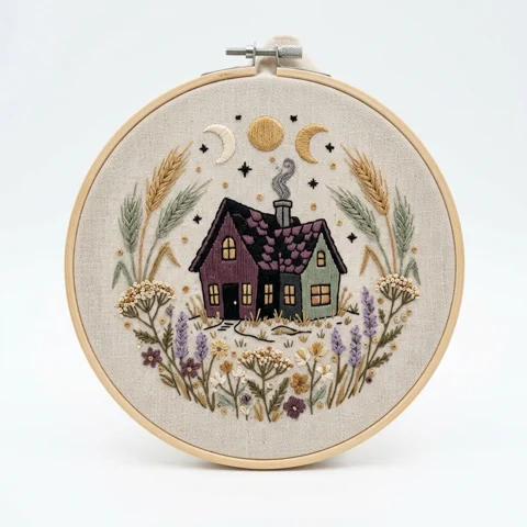 Twilight Cottage Wheat Wildflower Meadow hand embroidery design