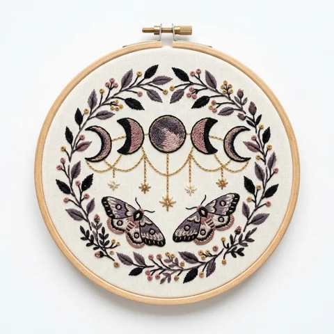 Twin Moths with Moon Phases and Botanical Berry Wreath hand embroidery design
