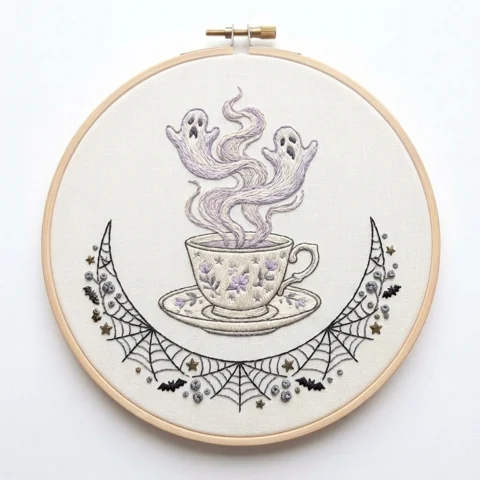 Twin Steam Ghosts Floral Teacup Spider Web Crescent hand embroidery design
