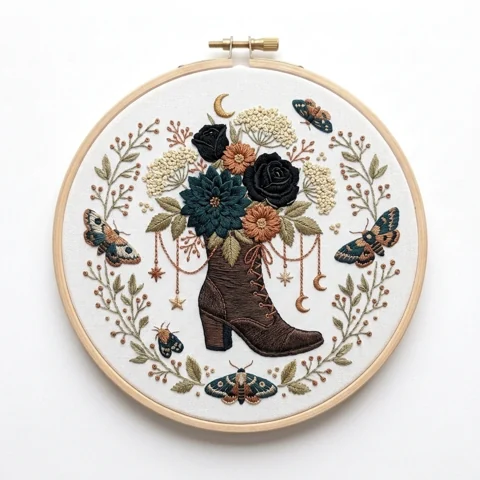 Victorian Boot Roses Moths hand embroidery design