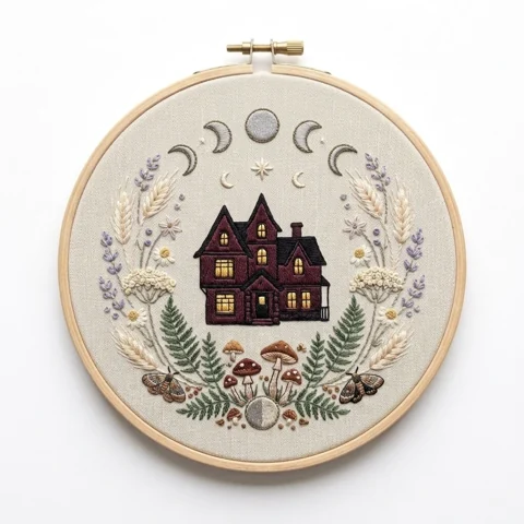 Victorian Cottage Moon Phases Meadow Wreath hand embroidery design