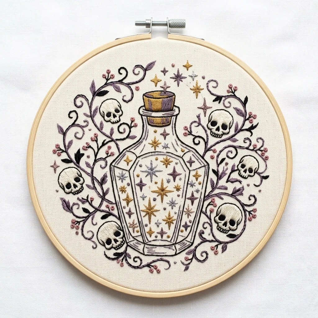 Vintage Apothecary Bottle with Six Skulls Celestial Stars and Purple