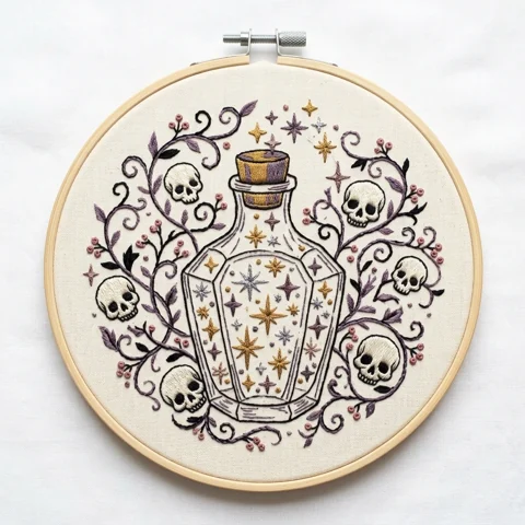 Vintage Apothecary Bottle with Six Skulls Celestial Stars and Purple hand embroidery design