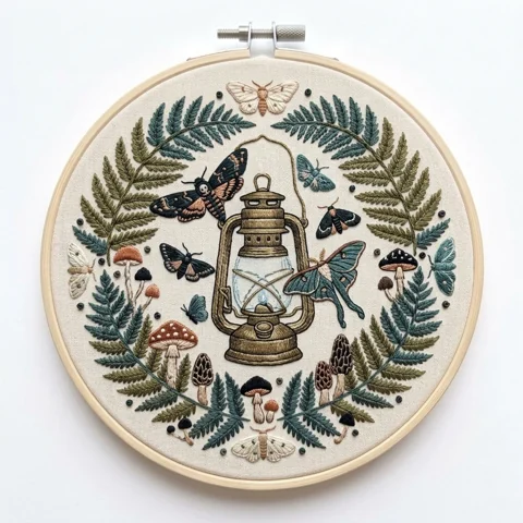 Vintage Lantern Moths Ferns Woodland Mushrooms hand embroidery design