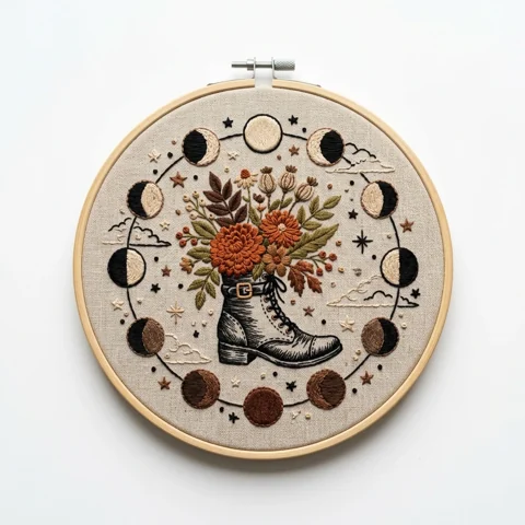 Vintage Moon Phase Boot with Autumn Florals and Celestial Clouds hand embroidery design
