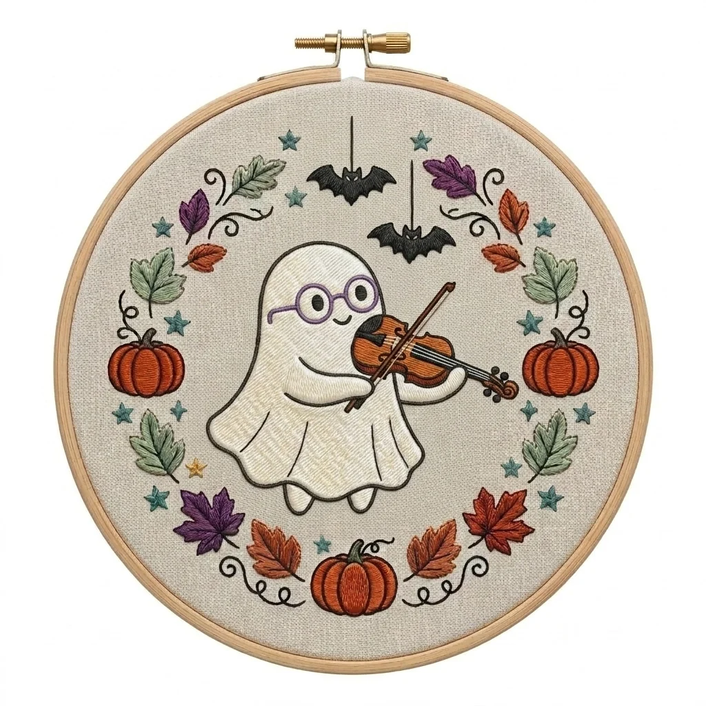 Violin Ghost, Pumpkins and Bat Wreath colored hand embroidery design