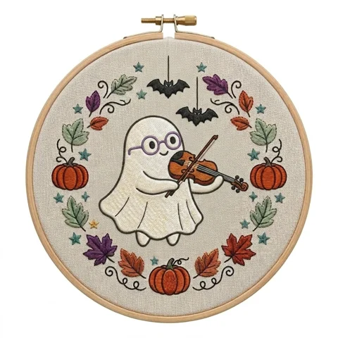 Violin Ghost, Pumpkins and Bat Wreath hand embroidery design