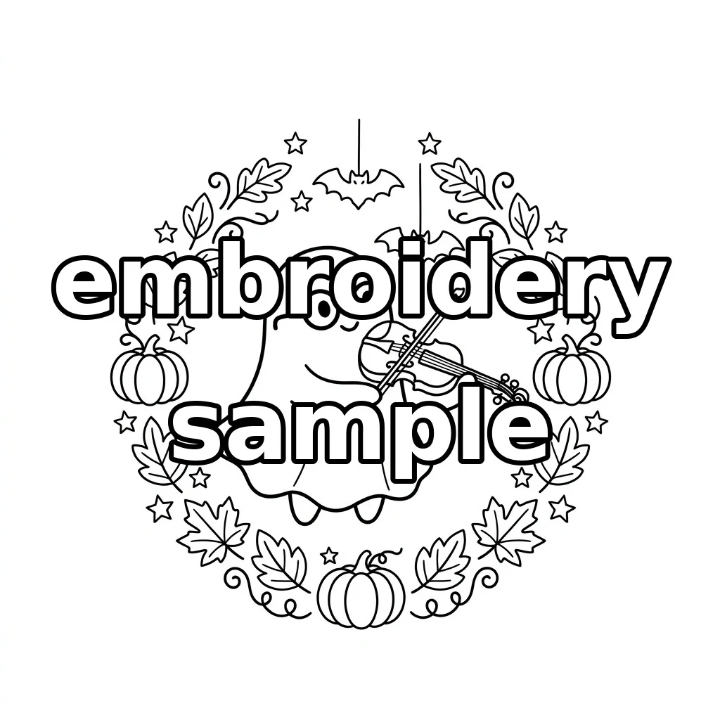 Watermarked Violin Ghost, Pumpkins and Bat Wreath embroidery outline