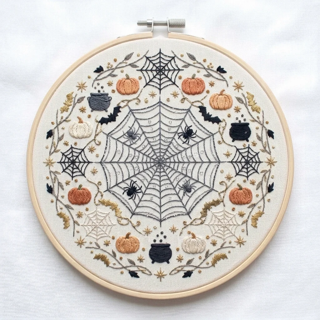 Webbed Botanical Ring with Pumpkins Cauldrons and Spiders colored hand embroidery design