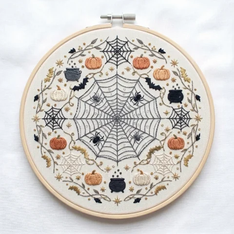 Webbed Botanical Ring with Pumpkins Cauldrons and Spiders hand embroidery design