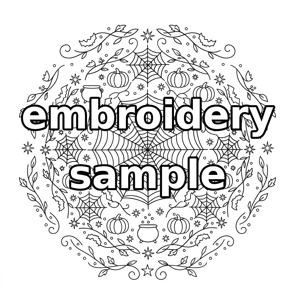 Watermarked Webbed Botanical Ring with Pumpkins Cauldrons and Spiders embroidery outline