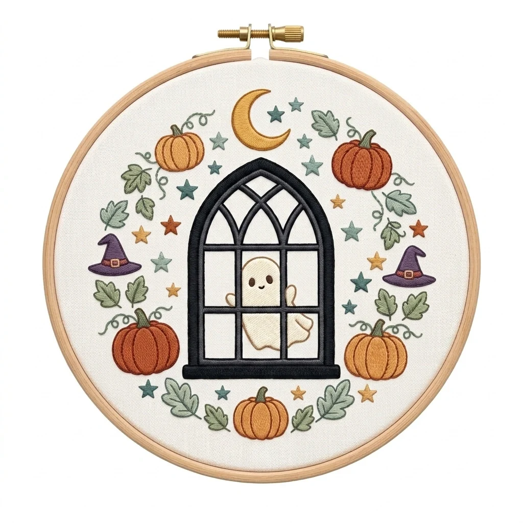 Window Ghost Pumpkins Crescent Autumn Wreath colored hand embroidery design