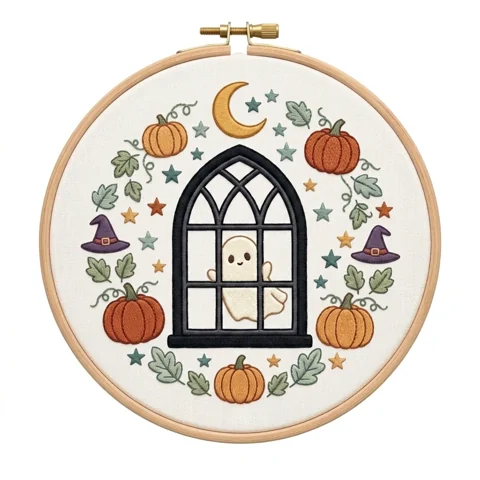 Window Ghost Pumpkins Crescent Autumn Wreath hand embroidery design