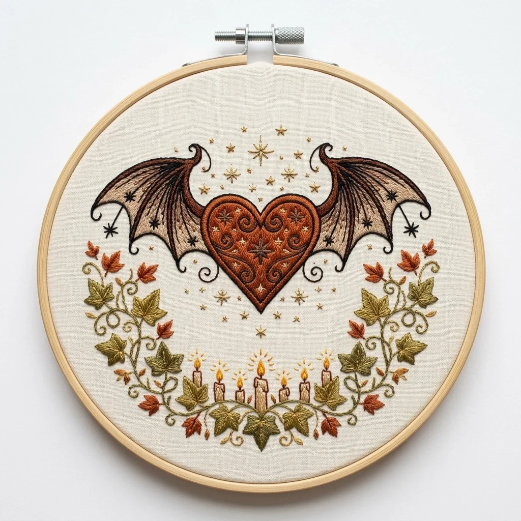 Winged Autumnal Heart Candle Wreath colored hand embroidery design