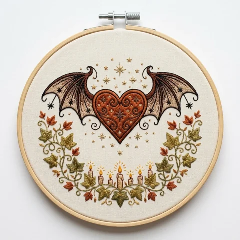 Winged Autumnal Heart Candle Wreath hand embroidery design