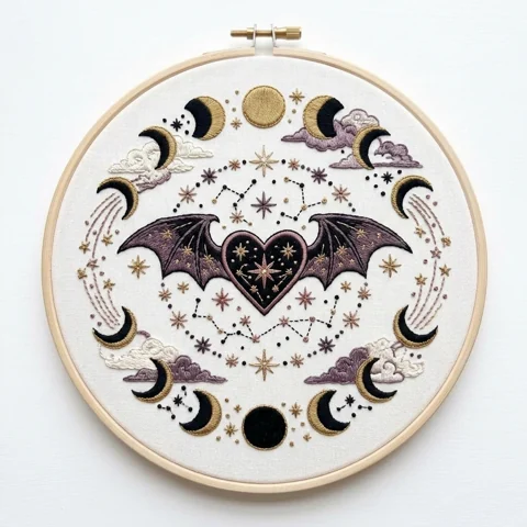 Winged Black Heart, Lunar Phases and Constellations hand embroidery design
