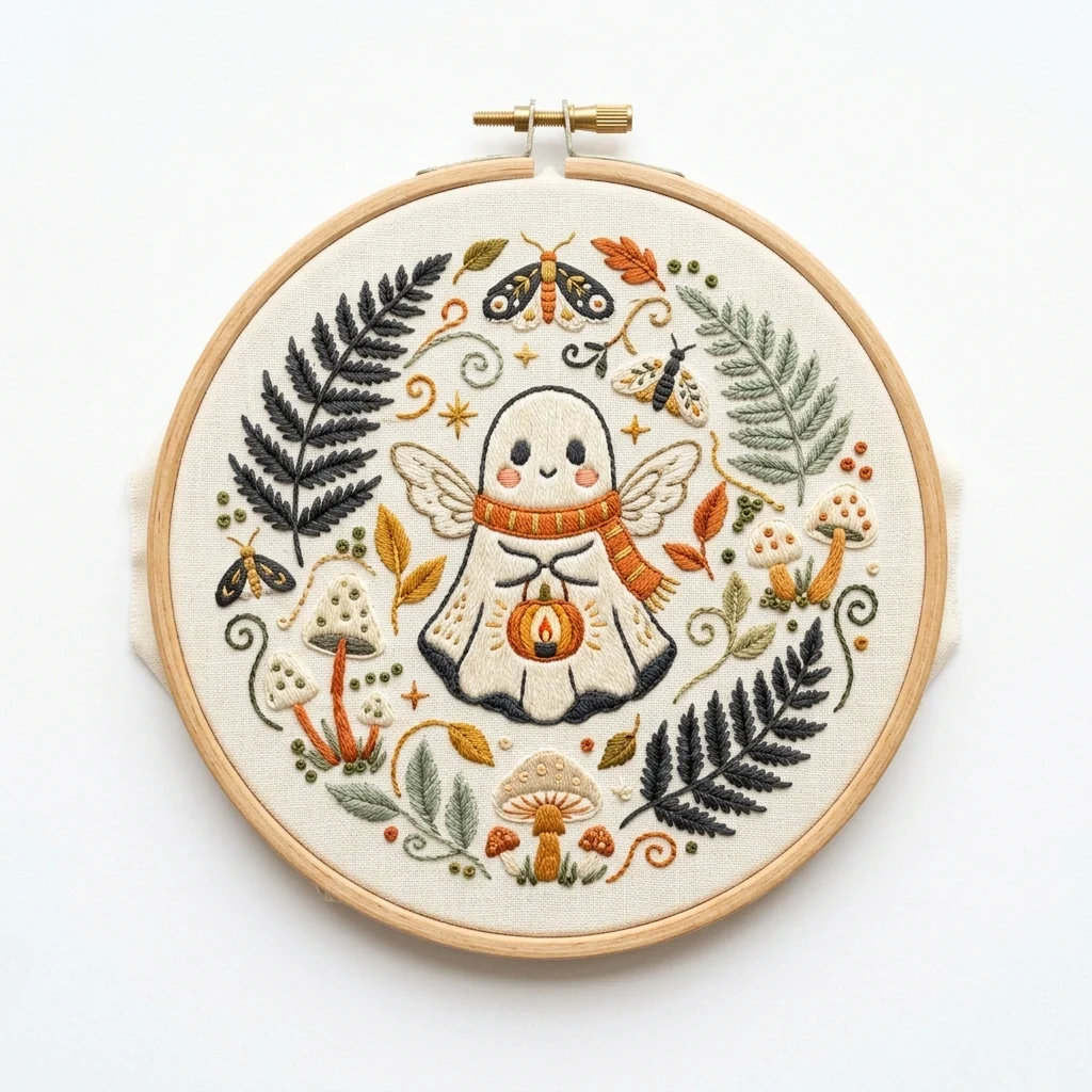 Winged Ghost Pumpkin Lantern Woodland Wreath colored hand embroidery design