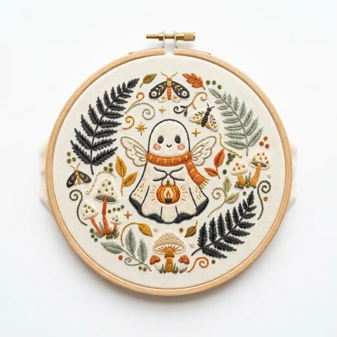 Winged Ghost Pumpkin Lantern Woodland Wreath hand embroidery design