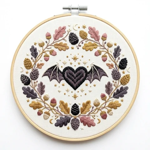 Winged Heart in an Autumn Woodland Wreath hand embroidery design