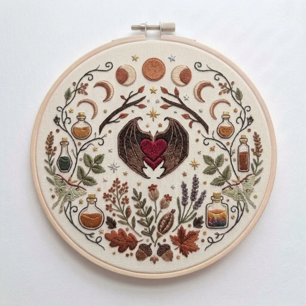 Winged Heart Moon Phases Botanical Apothecary colored hand embroidery design