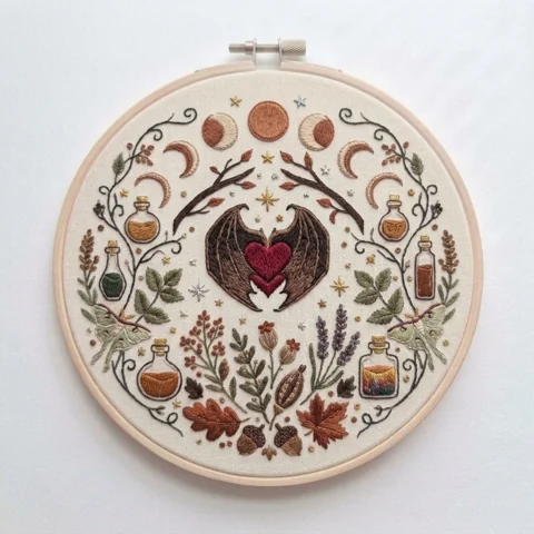 Winged Heart Moon Phases Botanical Apothecary hand embroidery design