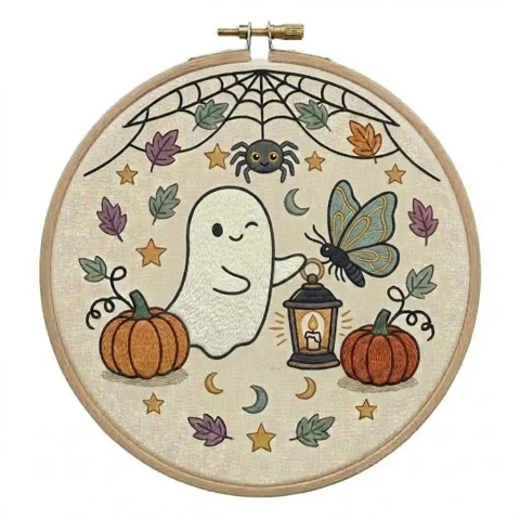 Winking Ghost Butterfly Lantern Autumn Wreath hand embroidery design
