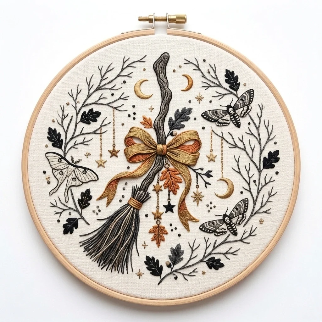 Witch Broom Moths Moonlit Woodland colored hand embroidery design