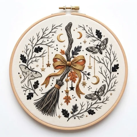 Witch Broom Moths Moonlit Woodland hand embroidery design