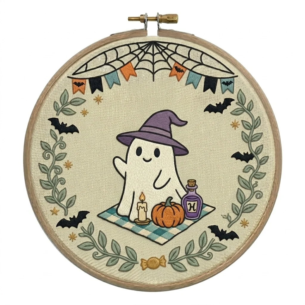 Witch Ghost Pumpkin Spiderweb Garland colored hand embroidery design
