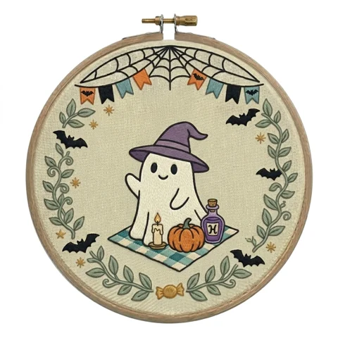 Witch Ghost Pumpkin Spiderweb Garland hand embroidery design