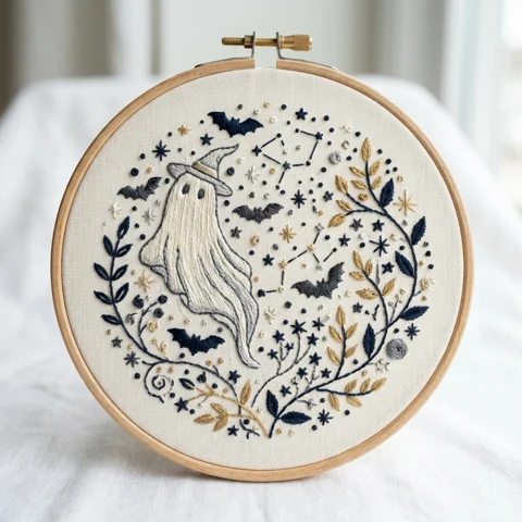 Witch Hat Ghost Bats Celestial Wreath hand embroidery design