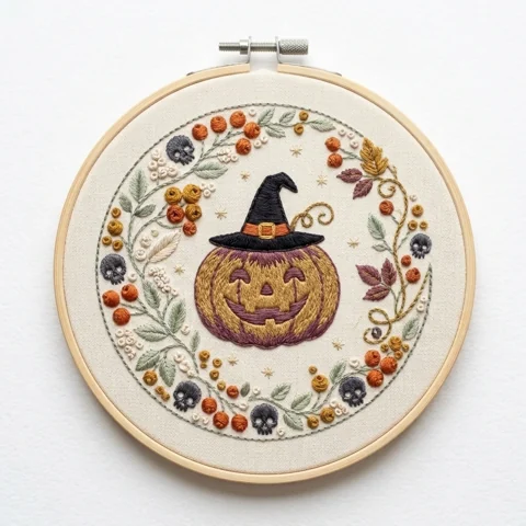 Witch Hat Jack O Lantern Skull Botanical Wreath hand embroidery design