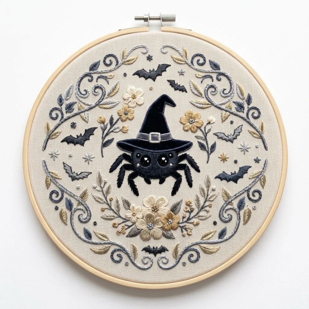 Witch Hat Spider Bats Gilded Floral Scrollwork colored hand embroidery design