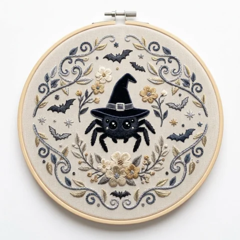 Witch Hat Spider Bats Gilded Floral Scrollwork hand embroidery design
