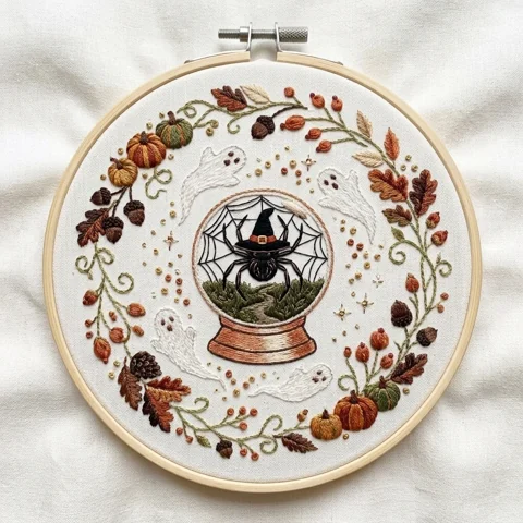 Witch Hat Spider Globe Autumn Wreath hand embroidery design