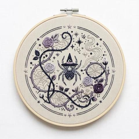 Witch Hat Spider Orbital Vines Web Roses hand embroidery design