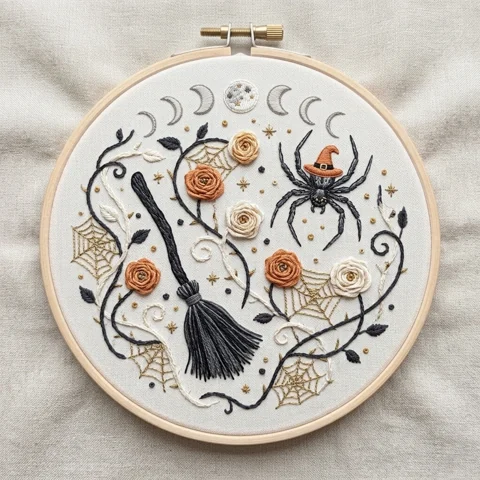 Witch Hat Spider with Black Broom Moon Phases Roses and Spider Web hand embroidery design