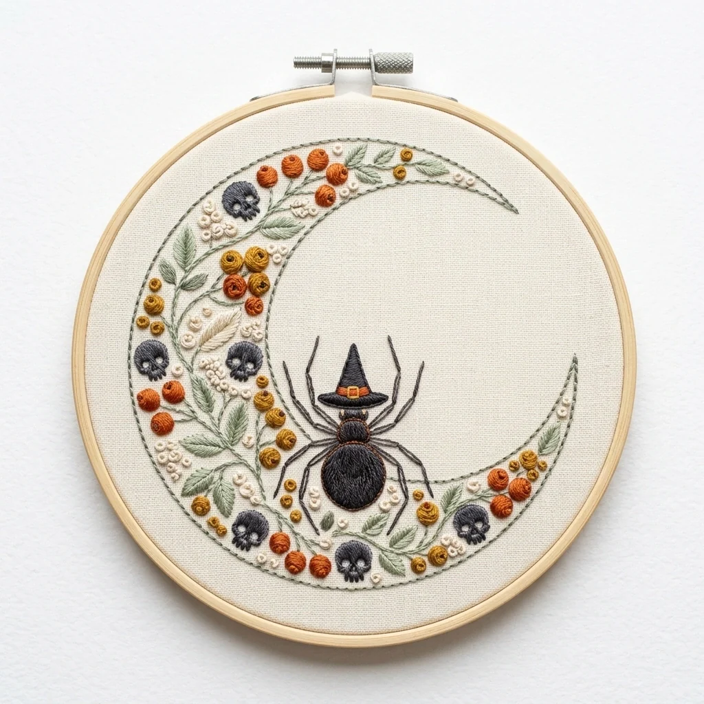 Witch Hat Spider with Five Skulls in a Botanical Crescent Moon colored hand embroidery design