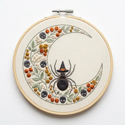 Witch Hat Spider with Five Skulls in a Botanical Crescent Moon hand embroidery design