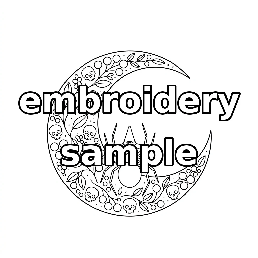 Watermarked Witch Hat Spider with Five Skulls in a Botanical Crescent Moon embroidery outline