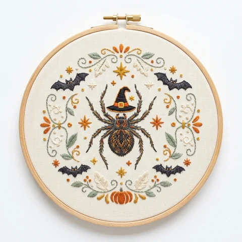 Witch Hat Spider with Four Bats Pumpkin and Botanical Stars hand embroidery design
