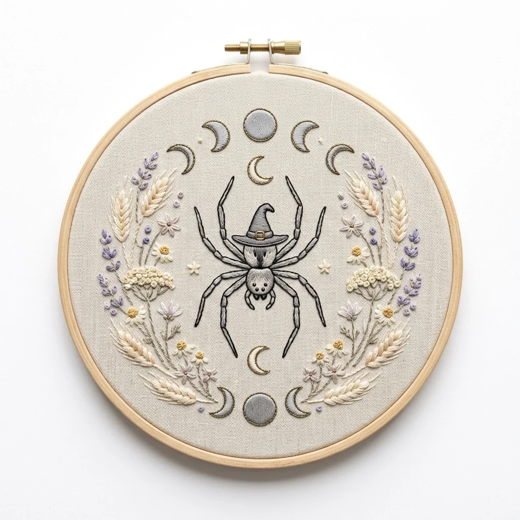 Witch Hat Spider with Moon Phases and Botanical Wildflowers colored hand embroidery design