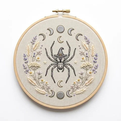 Witch Hat Spider with Moon Phases and Botanical Wildflowers hand embroidery design