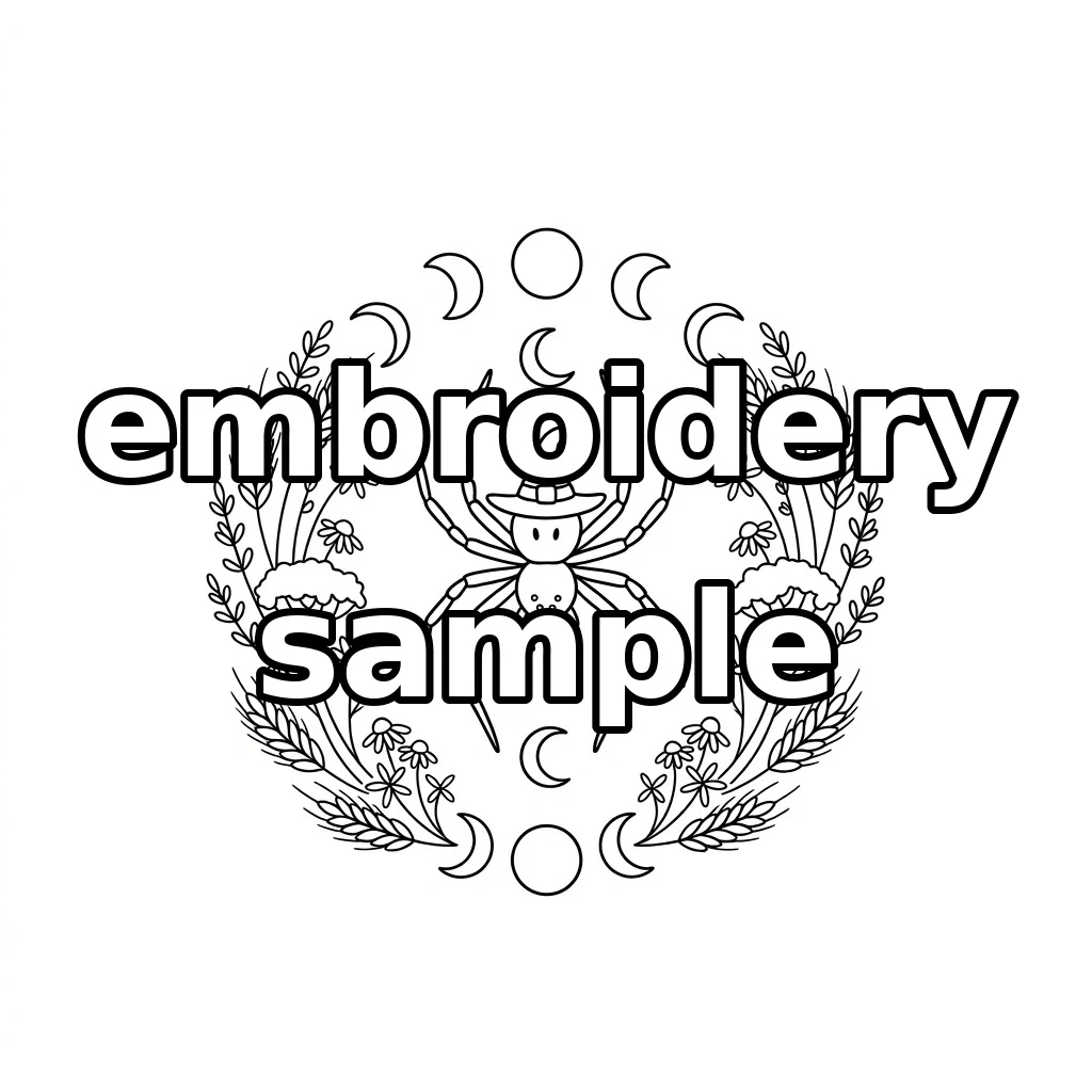 Watermarked Witch Hat Spider with Moon Phases and Botanical Wildflowers embroidery outline
